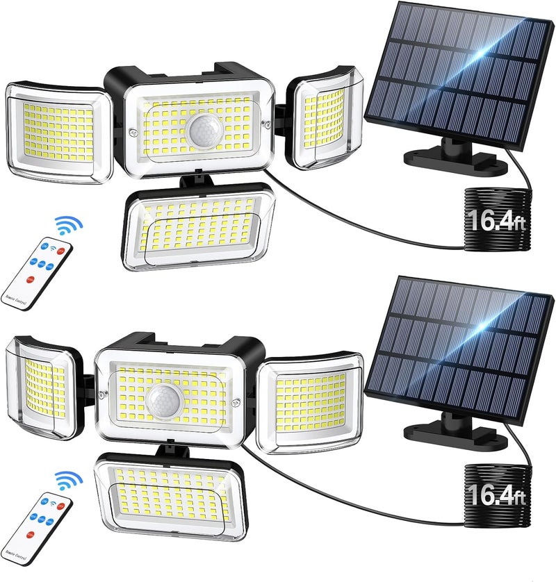 CLAONER Solar Outdoor Lights Motion Sensor 3500LM 288 LED Solar Security Lights with Remote Control IP67 Waterproof 4 Heads Solar Flood Lights with 16.4ft Cable 4 Modes Wall Lights(2 Pack) - Image 1
